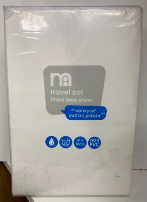 Travel Cot Fitted Terry Sheets Waterproof 96 x 67 cm Pack of 2 White Mothercare - Image 1 of 2