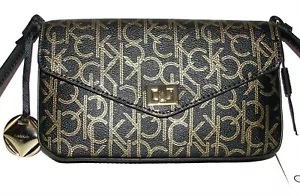 CALVIN KLEIN Monogram Black/Gold Leather Clutch Purse Cross body $128 NWT - Picture 1 of 7