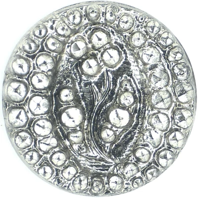 Antiguo botón de brillo plateado flor vidrio negro acero corte victoriano década de 1890 Foto 1 de 3