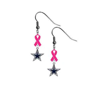 Breast Cancer Awareness Hot Pink Ribbon Earrings PICK YOUR TEAM Football - Picture 1 of 31