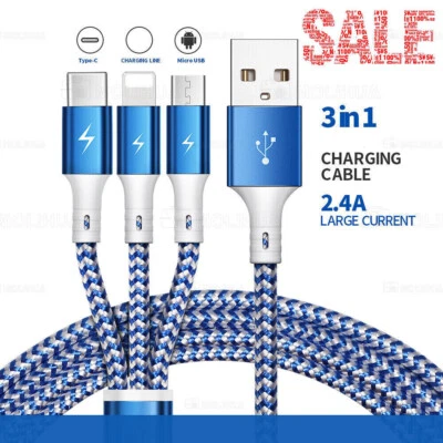 Universal 3 in 1 Multi USB Cable Fast Charger Type C Lead For IOS, Samsung Phone - Image 1 of 4