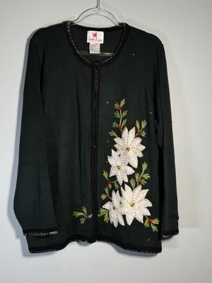 Quacker Factory 1X Green Cardigan Sweater Christmas Holiday Beaded Poinsettias - Image 1 of 4