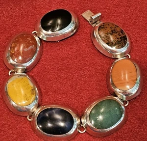 Vintage mexikanisches Sterlingsilber 925 Armband Multi Stein 8" 48g Taxco signiert AM - Bild 1 von 13