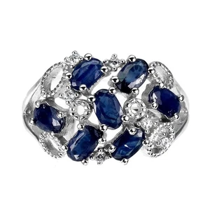 Anello in argento sterling 925 zaffiro blu ovale 5x3 mm zirconi gemma... - Foto 1 di 9