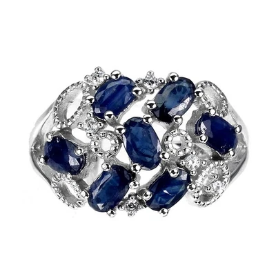 Anello in argento sterling 925 zaffiro blu ovale 5x3 mm zirconi gemma... - Immagine 1 di 4