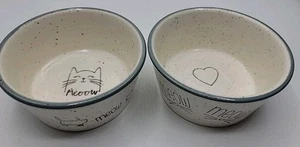 Cat Kitten MEOW Food Water Dish Bowl Pacifica Pottery Cream Blue 4.5" Set Of 2 - Picture 1 of 4