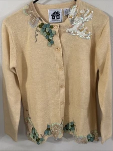 Maglione cardigan donna Storybook Knits taglia XS fiori gialli vintage anni 90 maglia 3D - Foto 1 di 6