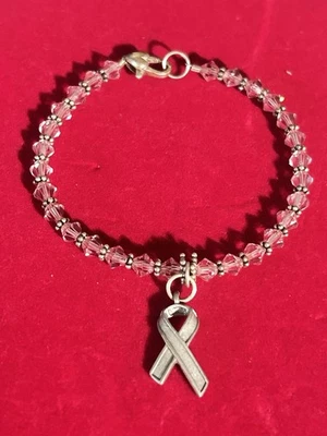 Pulsera de cristal rosa esterlina conciencia cáncer de mama talla 7 Foto 1 de 4
