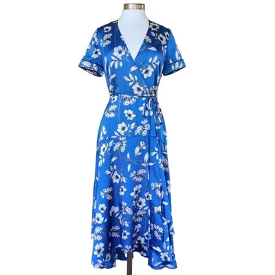 White House Black Market Blue Floral Satin Faux Wrap Midi Maxi Dress Size 4 - Image 1 of 4