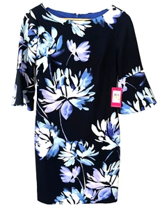 Vince Camuto black fitted dress with blue flowers, bell sleeves size 4 NWT - Picture 1 of 6