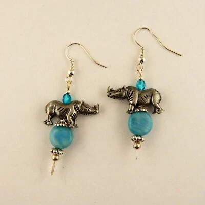 Pewter Rhinoceros 3D Earrings with Amazonite gemstones, Rhino, Czech Glass - Image 1 of 3