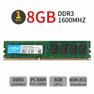 8GB 4GB 2GB DDR3 PC3-12800U 1600MHz 240PIn DIMM Desktop Memory For Crucial LOT - Picture 1 of 10