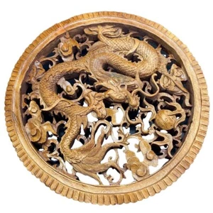 Dragon Sculpture Panel Relief  10" Wooden Hand Carved Round Wall Hanging Decor - Picture 1 of 9
