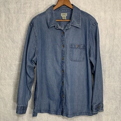 LL Bean Women Blue Denim Cotton Top Pocket Button Up Long Sleeve SZ Large Petite - Image 1 of 4