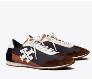 Tory Burch Panelled Logo Patch Sneaker schwarz braun weiß Wildleder Stoff Schuhe 5 - Bild 1 von 10