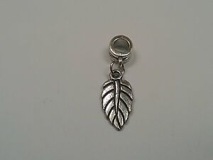 Alloy European Dangle Leaf Bead,  Antique Silver, Qty 6 30mm, Hole: 5mm