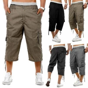Mens 3/4 Shorts Elasticated Waist Long Length Cargo Combat Three Quarter Pants - Picture 1 of 6