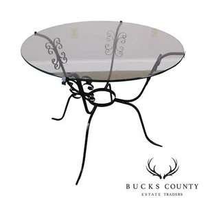 Vintage Black Scrolled Wrought Iron Round Glass Top Table - Picture 1 of 12