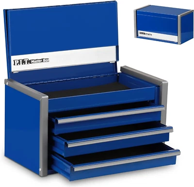 P.I.T. Mini Blue Tool Box, Portable 3 Drawer Steel Tool Box with Magnetic Tab Lo