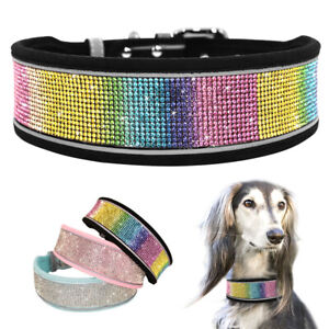 Wide Crystal Big Dogs Collar Reflective Suede Leather Pet Rhinestone Necklace 