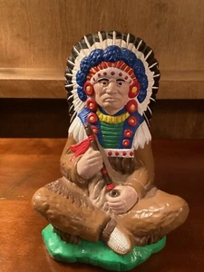 Vtg 1970s Ceramic Sitting Indian Chief Statue Figure W/ Peace Pipe 8.5" - Picture 1 of 12