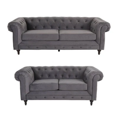 DANTE FURNITURE Chesterfield 3 and 2 Seater Sofa Plush Grey Fabric (3+2 Seater Couch,suite)
