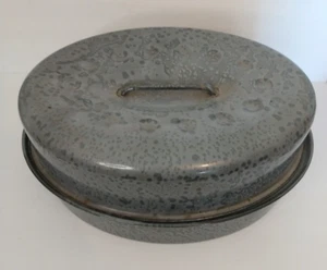 Vintage Graniteware Enamel Roaster Pan Mottled Gray Large Metal 16.5" X 13" - Picture 1 of 12