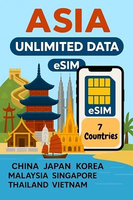 Best Asia 7 Countries Unlimited Data esim Data Travel esim High-Speed, 3-15 Days - Image 1 of 4