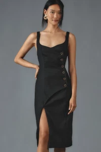 NWT ANTHROPOLOGIE SLEEVELESS SQUARE NECK LINEN MIDI BUTTON WRAP DRESS BLACK XL - Picture 1 of 6