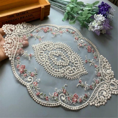 Embroidered Lace Rose Flower Trim Tablecloth Round Table Cloth Cover Home Decor - Image 1 of 4