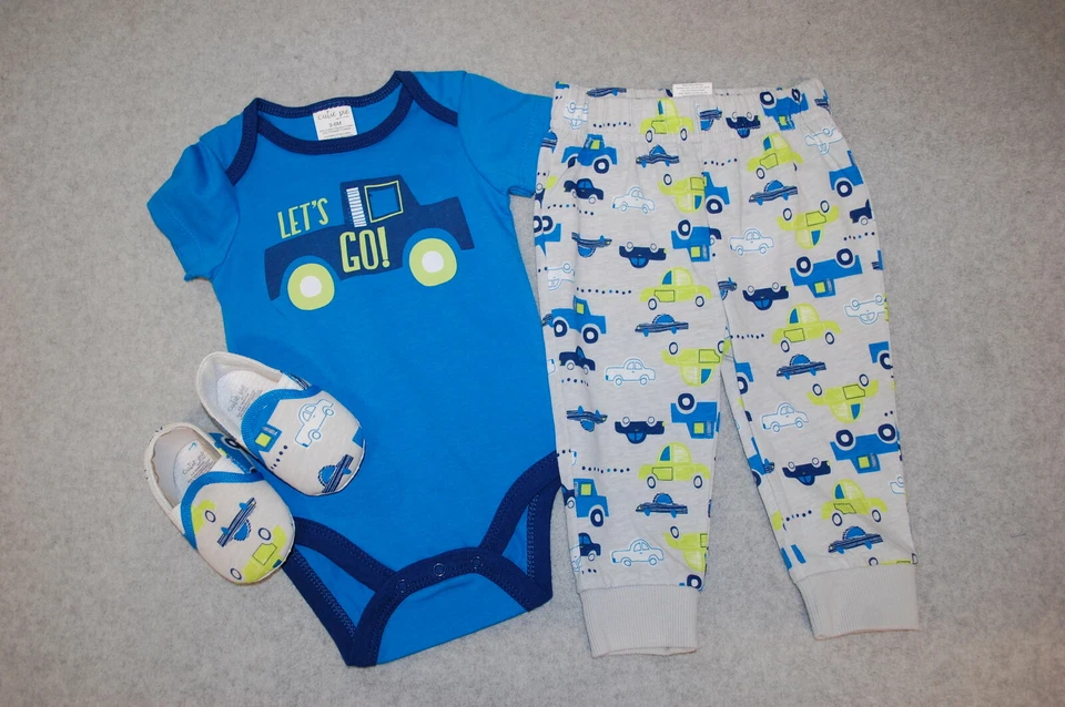 Bebé Niño 3 PIEZAS OUTFIT AZUL S/S Camiseta CAMIÓN "¡VAMOS!" Pantalones Zapatos Gris 3-6 MO Foto 1 de 1