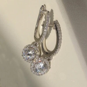 14K White Gold Plated 2.35CT Round Cut Moissanite Solitaire Prong Hoop Earrings - Picture 1 of 9