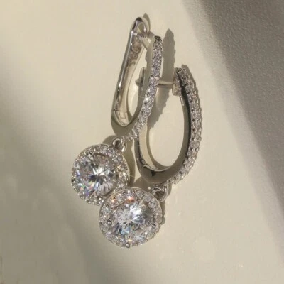 14K White Gold Plated 2.35CT Round Cut Moissanite Solitaire Prong Hoop Earrings - Image 1 of 4