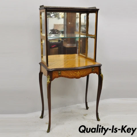 Antique French Louis XV Petite Curio Etagere 1 Drawer Stand with Satinwood Inlay Cover