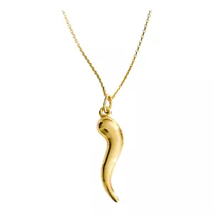 10K Real Gold Italian Cornicello Horn 1" Pendant, 10K Solid Gold Necklace- C3040 - Picture 1 of 17