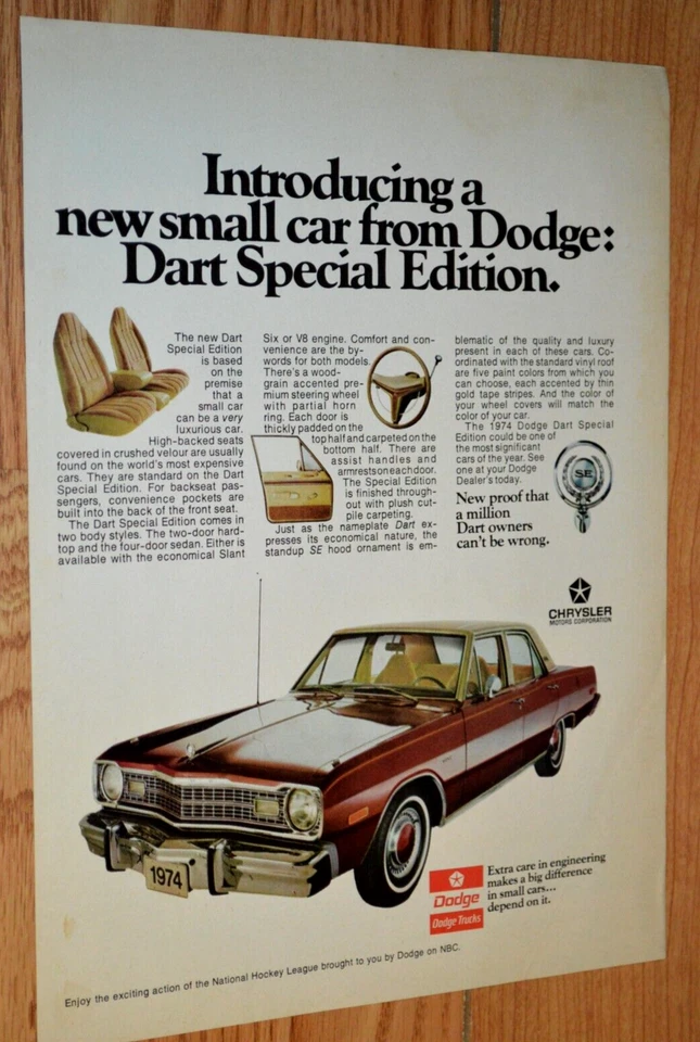 1974 DODGE DART СПЕЦИАЛЬНЫЙ ВЫПУСК ОРИГИНАЛЬНАЯ ВИНТАЖНАЯ РЕКЛАМА ПЕЧАТНАЯ РЕКЛАМА ОБЪЯВЛЕНИЕ 74 - Изображение 1 из 1