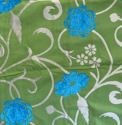 Upholstery Decor Designer Fabric Lime Green Blue Chenille Flowers Remnant  B8 - Image 1 of 4