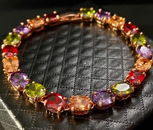 27 CTW Multicolor Gemstone Tennis Bracelet 18K Rose Gold Plated Women Jewelry - Picture 1 of 12
