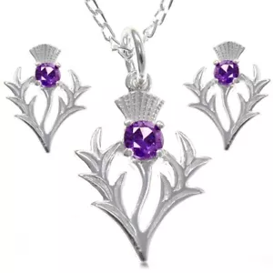 Sterling silver Scottish thistle purple amethyst stone jewellery set in gift box - Picture 1 of 6