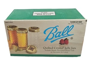 Ball Quilted Crystal Jelly Jars 12 Ounce Set of 12 w/ Lids & Labels in Box - Picture 1 of 10