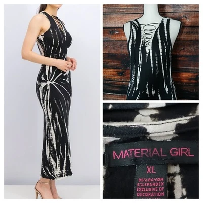 材料女孩长裙 XL 黑色白色领带染料系带镂空背部开衩弹力 — 第 1/4 张图片