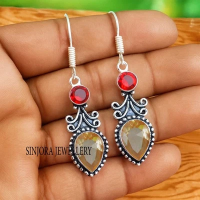 Morganite And Garnet Gemstone 925 sterling silver Handmade Dangle Earrings 2" - Image 1 of 4