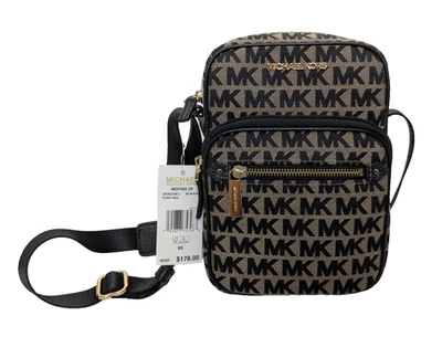 NEW Michael Kors Black Khaki Bedford Flight Bag JetSet Travel Jacquard Crossbody - Image 1 of 4