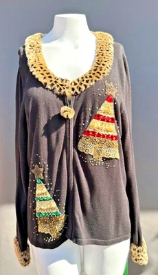 Cárdigan Just B XL Negro Navidad Adornado Cremallera Completa Cuentas Cuello Piel Suéter Foto 1 de 4