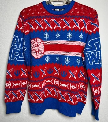 Star Wars Ugly Christmas Sweater Adult M Millennium Falcon Light Saber Red Blue - Image 1 of 4