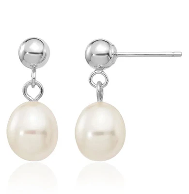 14K Solid White Gold 6mm Rice Freshwater Cultured Pearl Dangle Earrings - Image 1 of 4