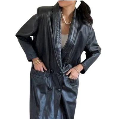 Vintage Long Black Leather Trench Coat Overcoat Size 20 Double Breasted - Image 1 of 4