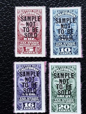 56709 US California 5-20c Distilled Spirit Tax Stamp Ex Rare SAMPLE Ovpt Set SP* - Image 1 of 2