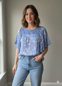 (S) Blusa Camisa Boho Matilda Jane Azul Floral Cuello Redondo Manga Acampanada Crochet - Imagen 1 de 10