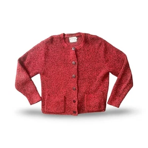 Vintage Women's Beldoch Popper Medium Red Christmas Chunky knit Sweater Cardigan - Picture 1 of 5